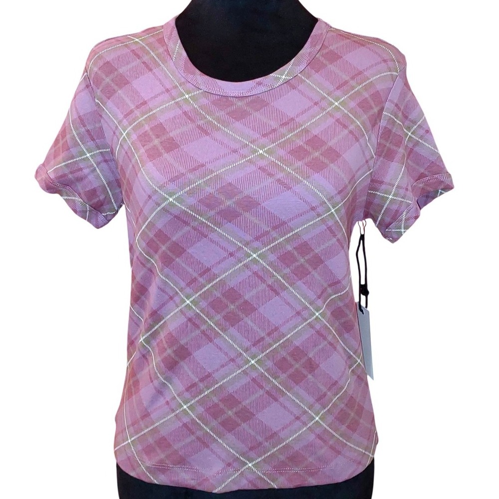 Cotton Blend Purple and Green‎ Argyle Plaid Baby Tee (M) - Women's T-Shirt Top